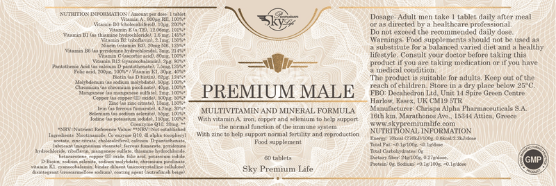Sky Premium Life Male Multivitamin – with Zinc, Copper, CoQ10, Iron, Selenium – 60 Tablets