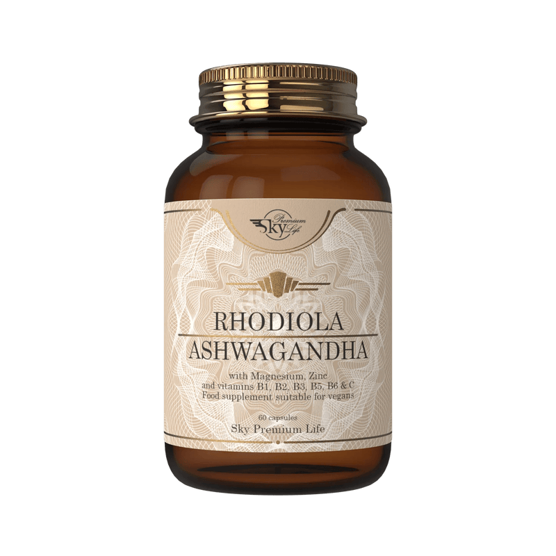 Sky Premium Life Ashwagandha and Rhodiola with Magnesium, Zinc, Vitamin C, B-Complex – 60 Vegan Capsules