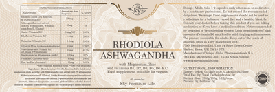 Sky Premium Life Ashwagandha and Rhodiola with Magnesium, Zinc, Vitamin C, B-Complex – 60 Vegan Capsules