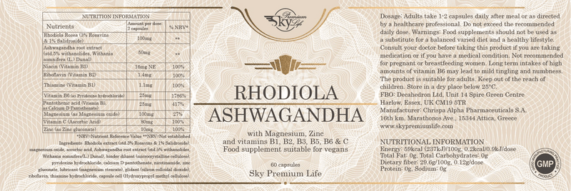 Sky Premium Life Ashwagandha and Rhodiola with Magnesium, Zinc, Vitamin C, B-Complex – 60 Vegan Capsules