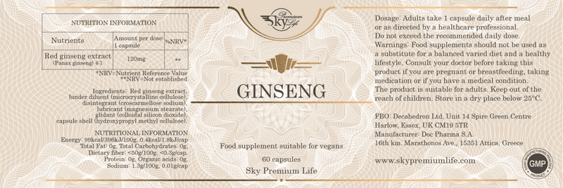 Sky Premium Life Ginseng 120mg – 60 Vegan Capsules