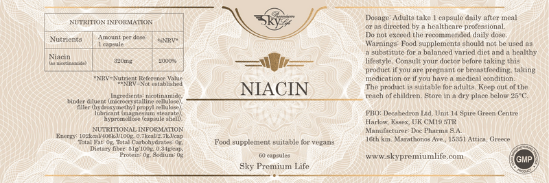 Sky Premium Life Niacin 320mg – 60 Vegan Capsules