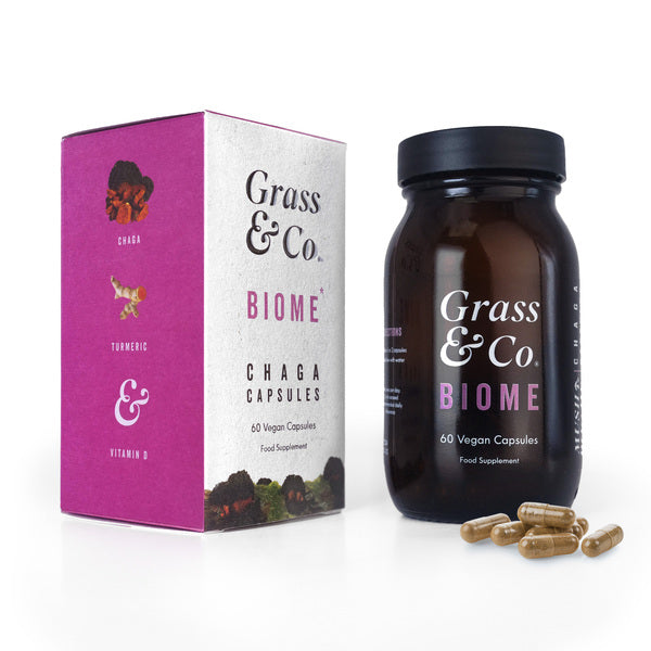 Grass & Co. BIOME Chaga Mushrooms with Curcumin + Ginger 60 Vegan Capsules